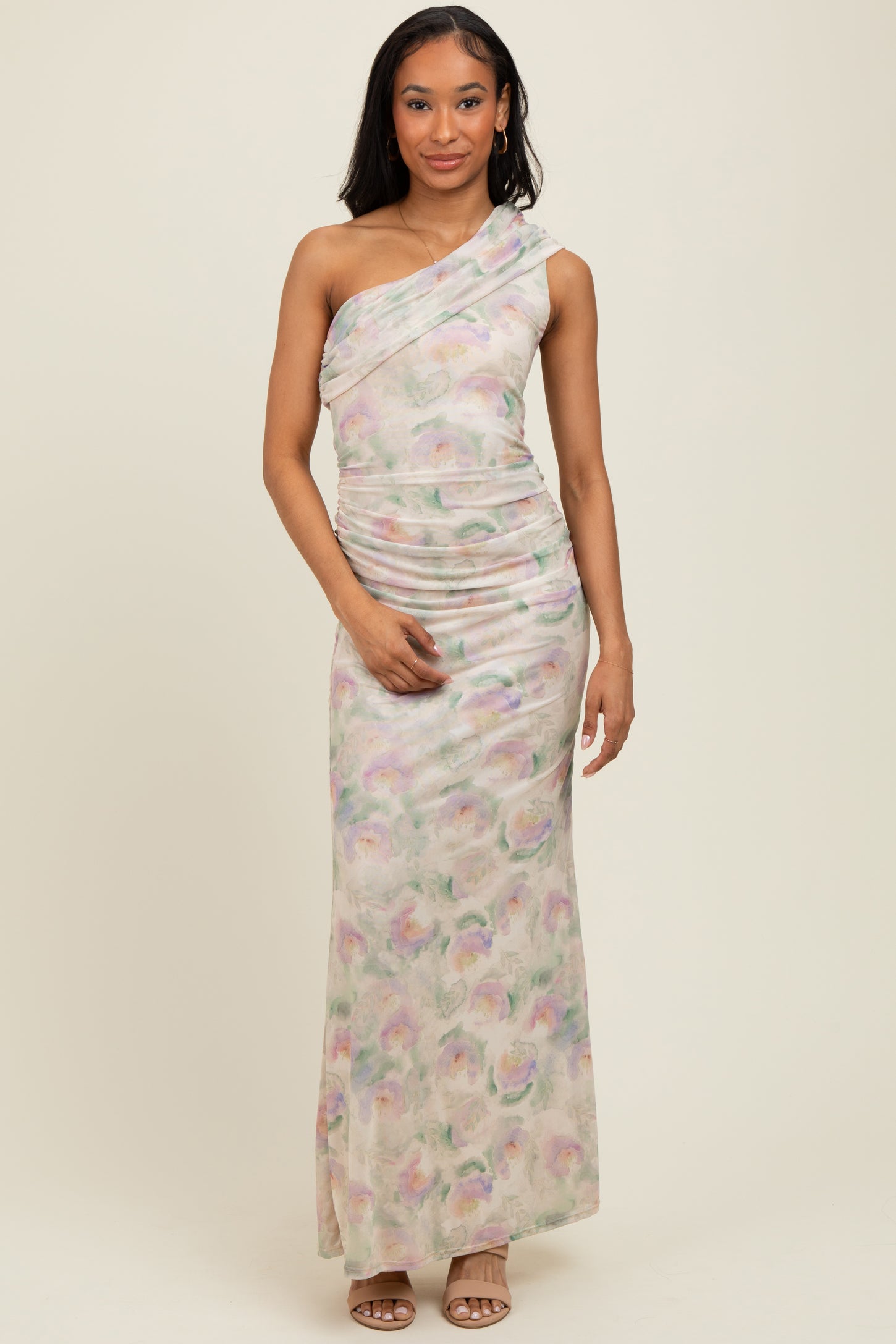 one shoulder ruched maxi dress Petite One-Shoulder Ruched Maxi Dress