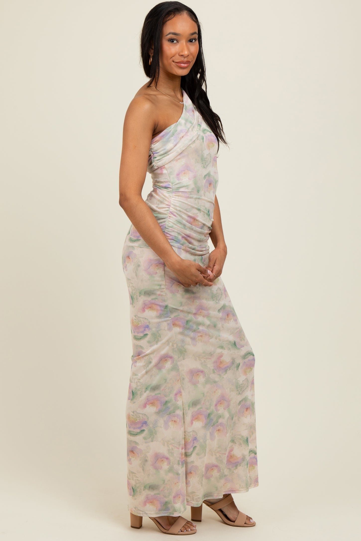 pink one shoulder ruched dress ADYCE_PROM Women's One Shoulder Ruched High Slit Waist Cocktail Party Maxi Dress, Suitable For Dancing/Homecoming