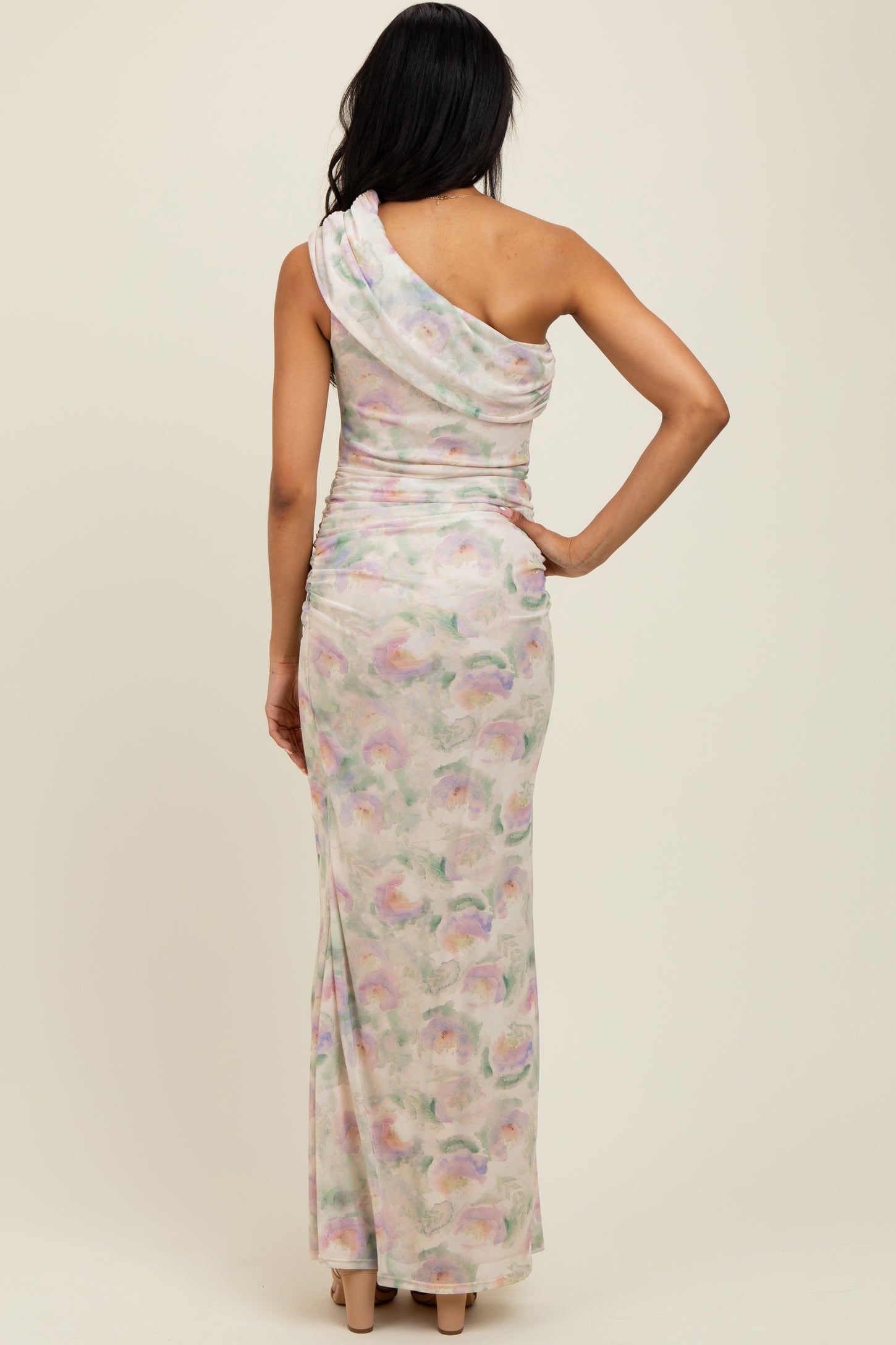 Cream One Shoulder Ruched Maxi Dress