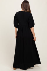 Black Solid Woven Elbow Sleeve V-Neck Button Down Maternity Maxi Dress