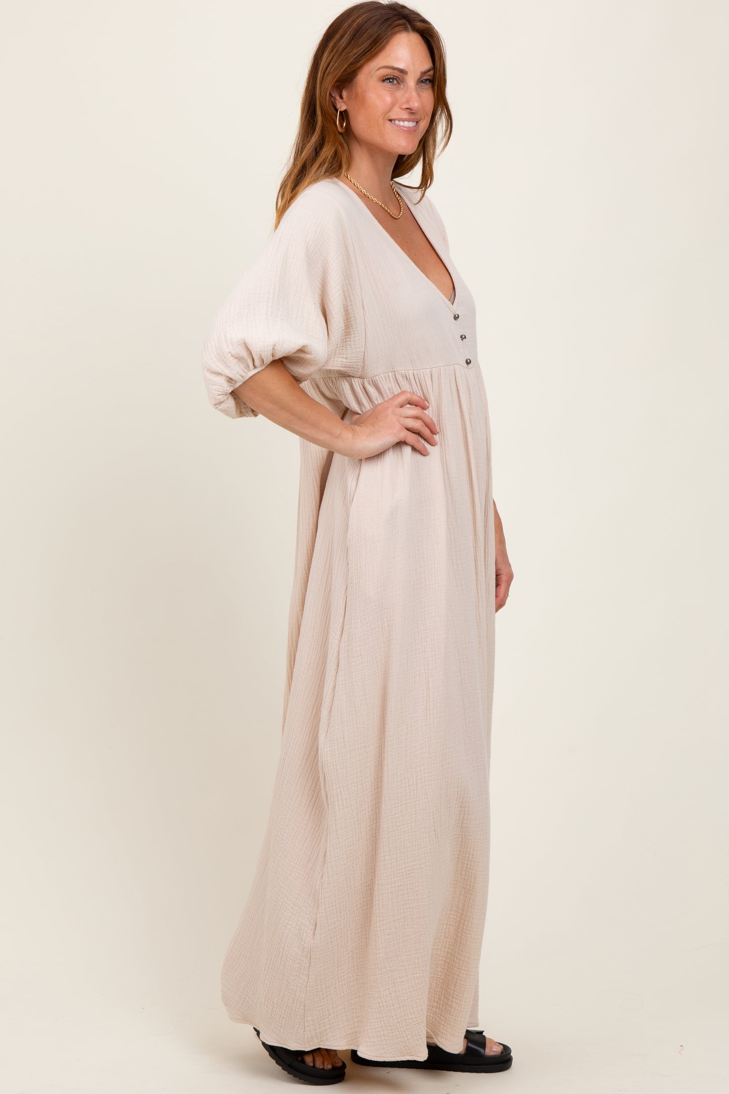 Beige Solid Woven Elbow Sleeve V-Neck Button Down Maxi Dress Beige Solid Woven Elbow Sleeve V-Neck Button Down Maxi Dress