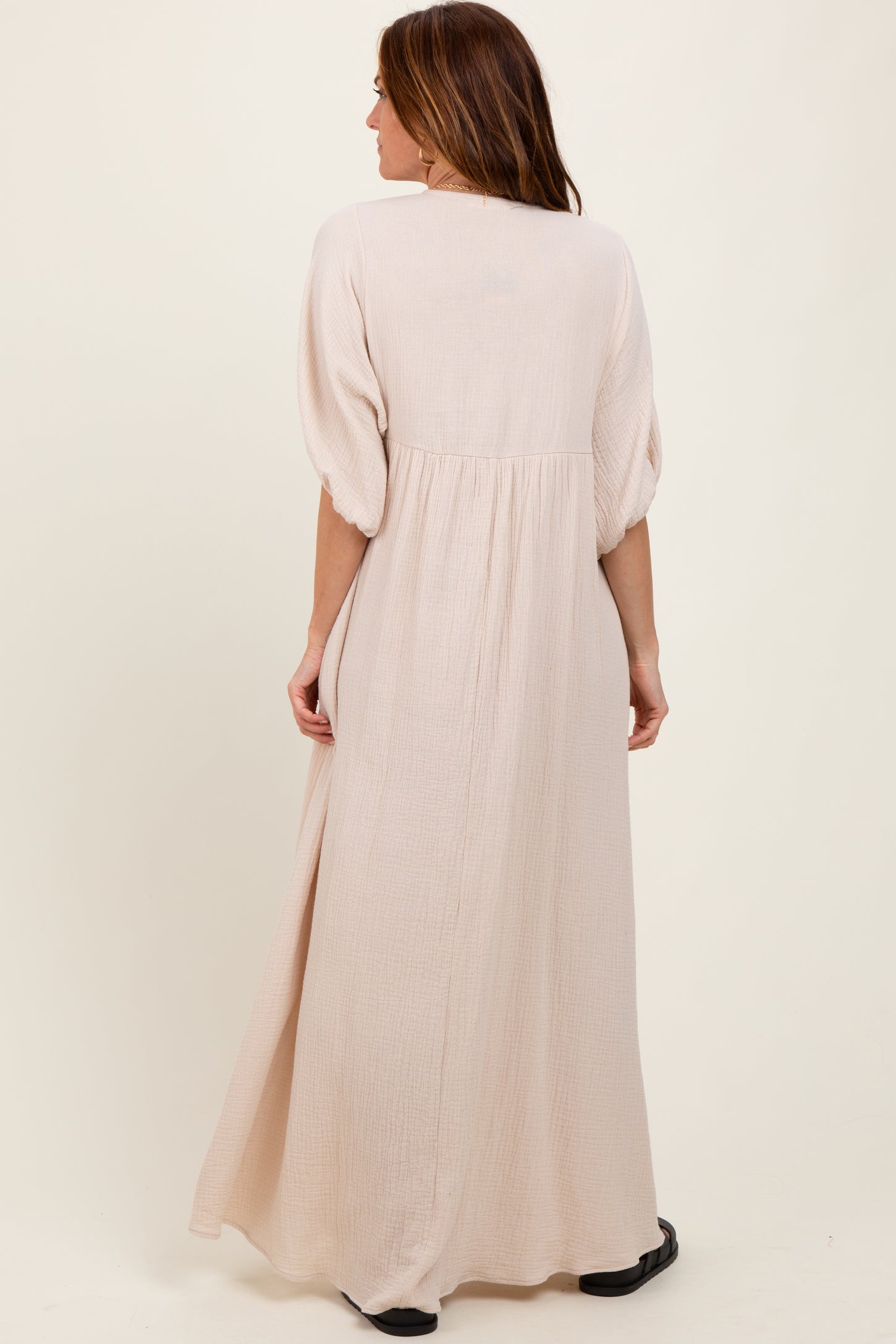 Beige Solid Woven Elbow Sleeve V-Neck Button Down Maxi Dress Beige Solid Woven Elbow Sleeve V-Neck Button Down Maxi Dress
