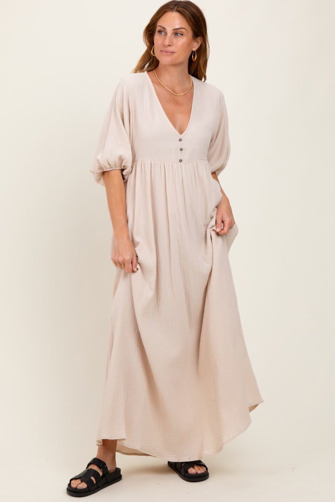 Beige Solid Woven Elbow Sleeve V-Neck Button Down Maternity Maxi Dress – PinkBlush
