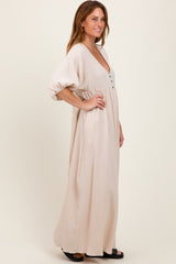 Beige Solid Woven Elbow Sleeve V-Neck Button Down Maxi Dress