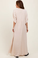 Beige Solid Woven Elbow Sleeve V-Neck Button Down Maxi Dress