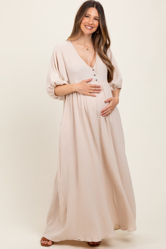 Beige Solid Woven Elbow Sleeve V-Neck Button Down Maternity Maxi Dress – PinkBlush