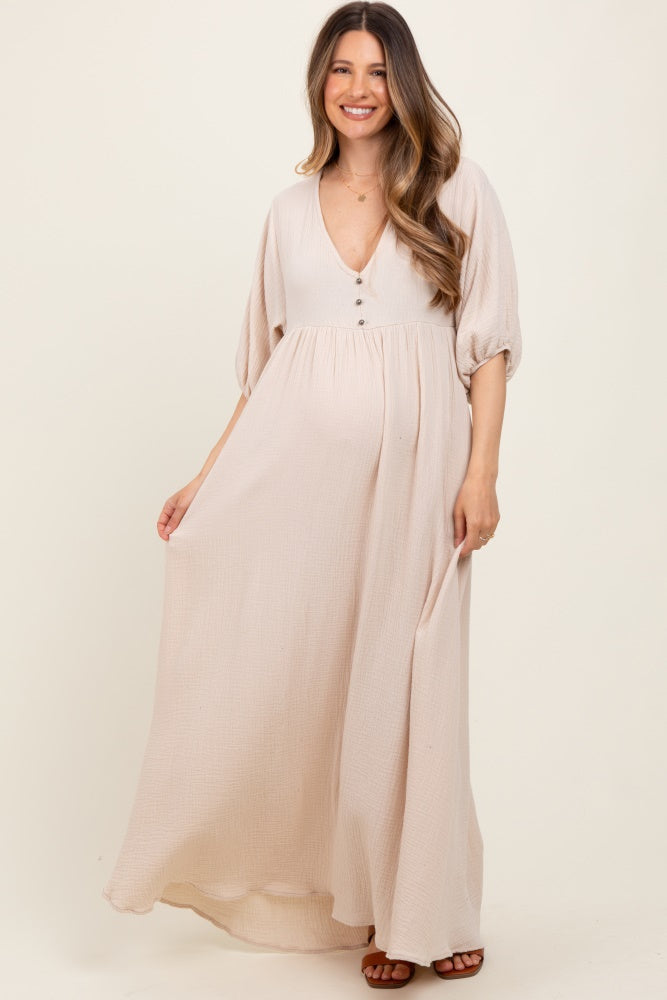 Beige Solid Woven Elbow Sleeve V-Neck Button Down Maternity Maxi Dress – PinkBlush