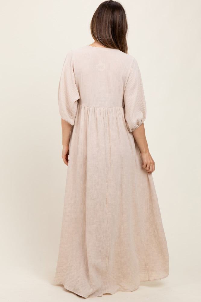 Beige Solid Woven Elbow Sleeve V-Neck Button Down Maternity Maxi Dress