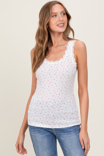 Ivory Ditzy Floral Ribbed Sleeveless Lace Trim Maternity Tank Top