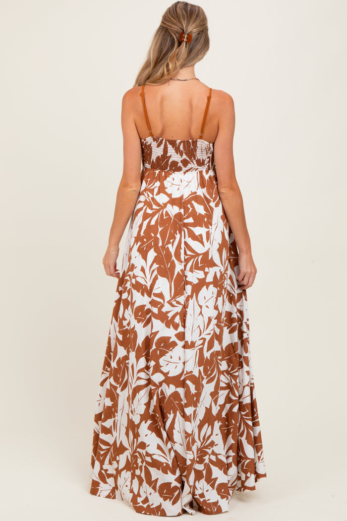 Mocha Vintage Floral Smocked Top Sleeveless Maternity Maxi Dress