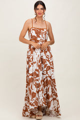 Mocha Vintage Floral Smocked Top Sleeveless Maxi Dress