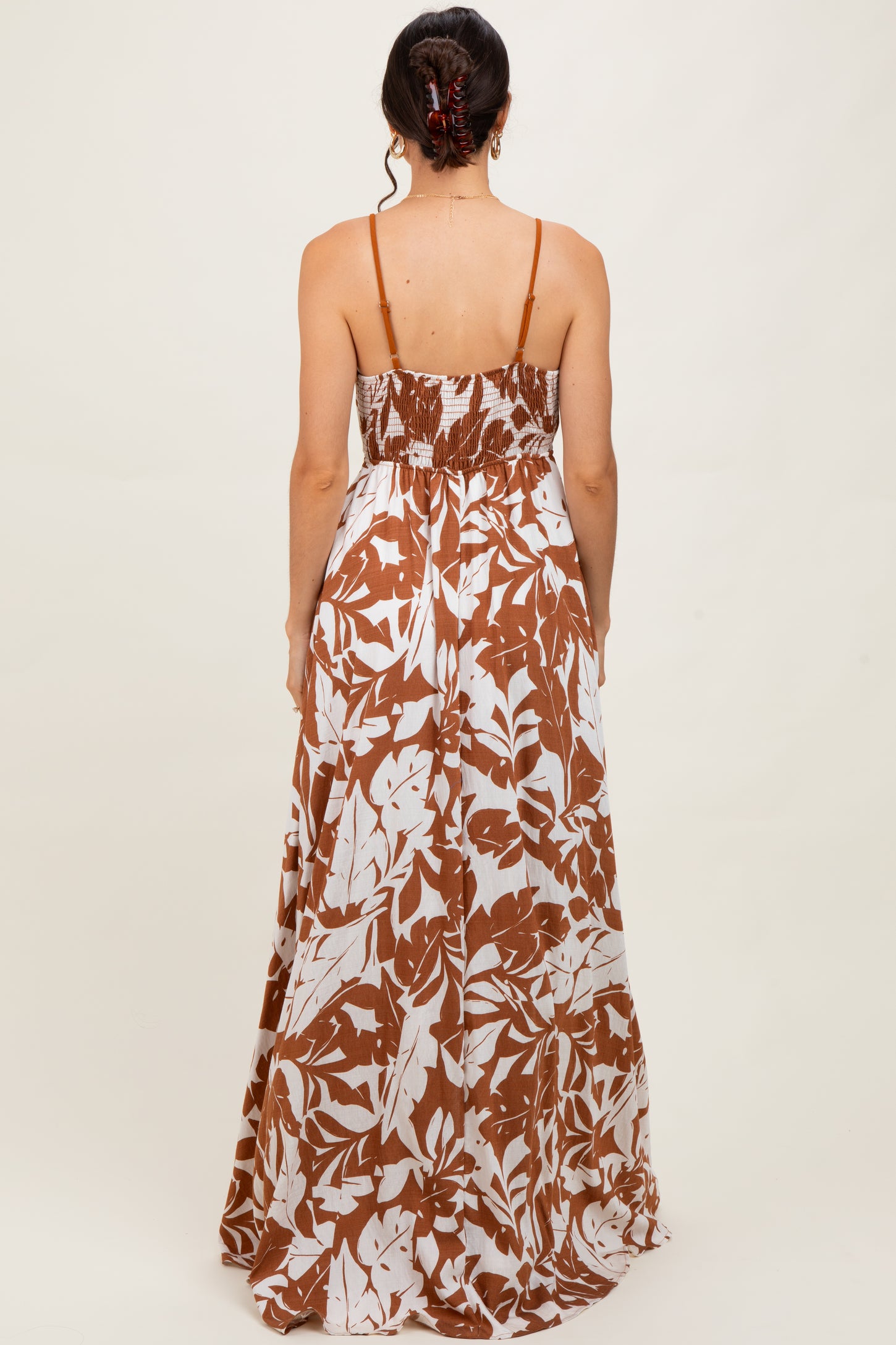 Mocha Vintage Floral Smocked Top Sleeveless Maxi Dress