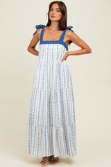 Blue/White Ditzy Floral Sleeveless Tiered Maxi Dress