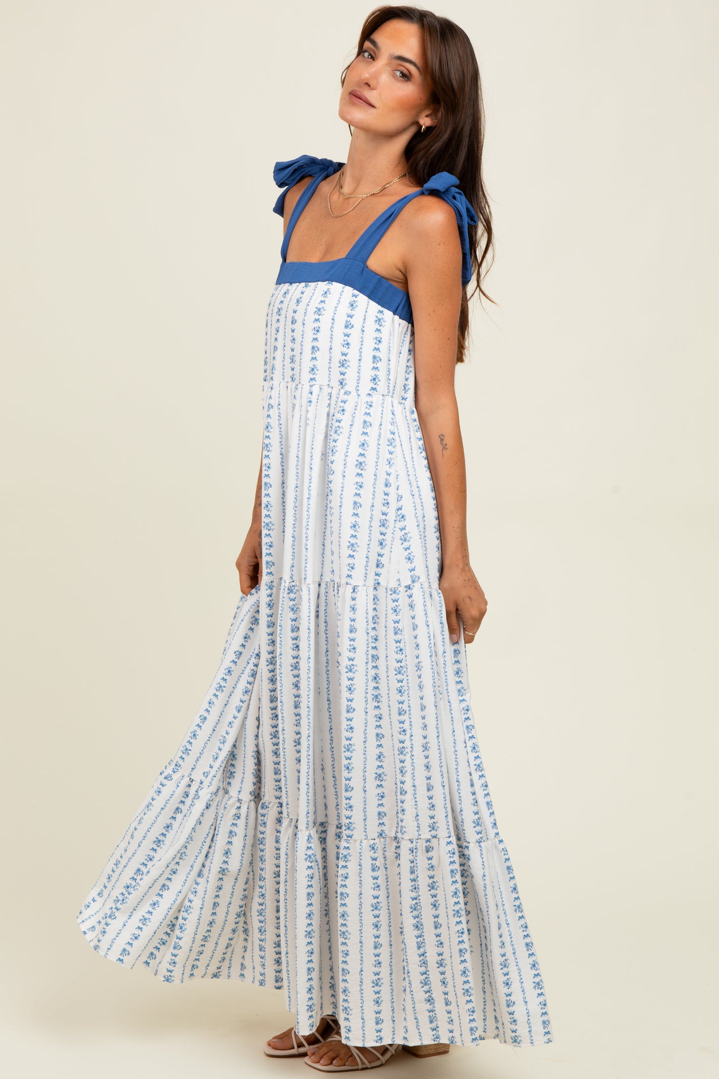 Blue/White Ditzy Floral Sleeveless Tiered Maxi Dress