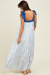 Blue/White Ditzy Floral Sleeveless Tiered Maxi Dress