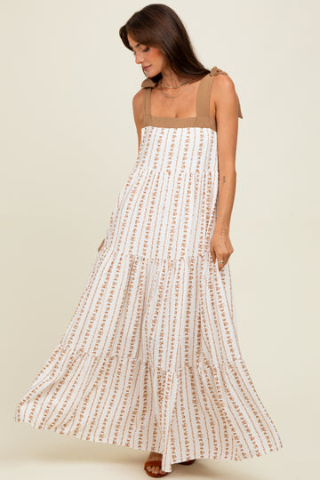 Mocha/White Ditzy Floral Sleeveless Tiered Maxi Dress