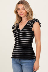 Black/Ivory Stripe Ribbed Ruffle Sleeve V-Neck Top