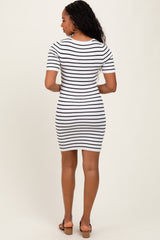 White Striped Ribbed Knit Short Sleeve Mini Dress