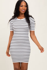 White Striped Ribbed Knit Short Sleeve Mini Dress