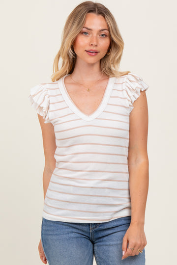 Ivory/Mocha Stripe Ribbed Ruffle Sleeve V-Neck Top
