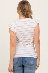 Ivory/Mocha Stripe Ribbed Ruffle Sleeve V-Neck Top