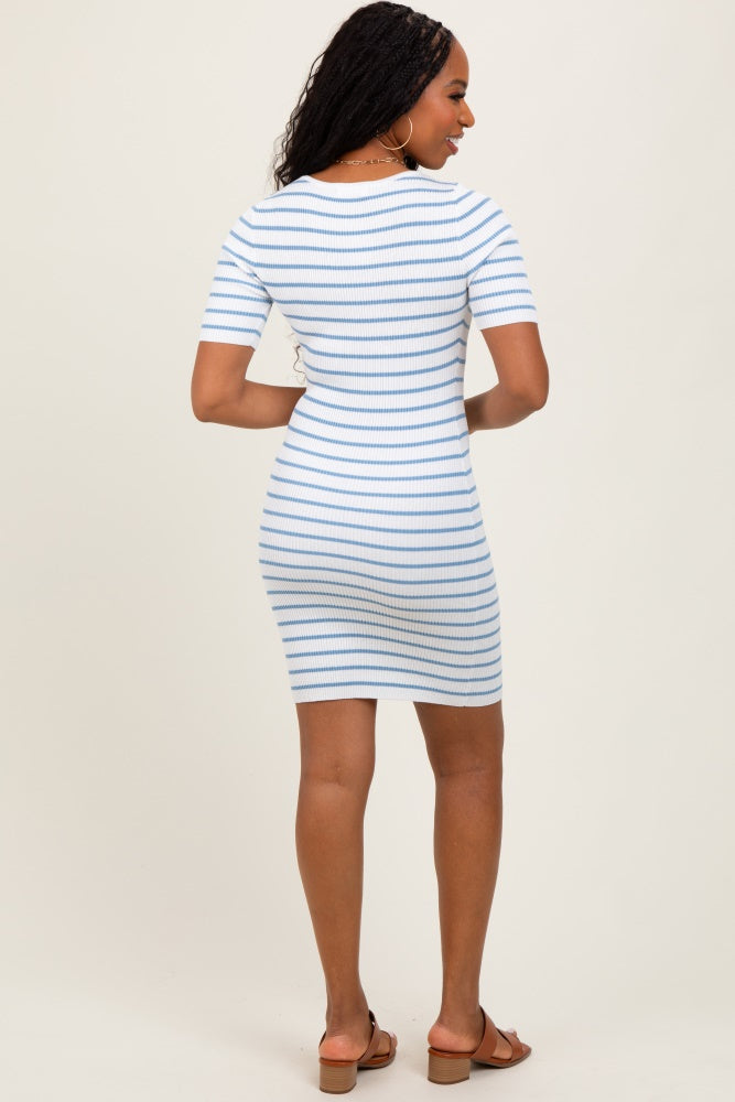 Blue Striped Ribbed Knit Short Sleeve Mini Dress