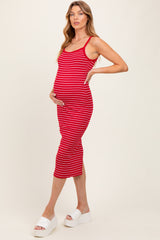 Red Striped Thin Strap Fitted Maternity Midi Dress