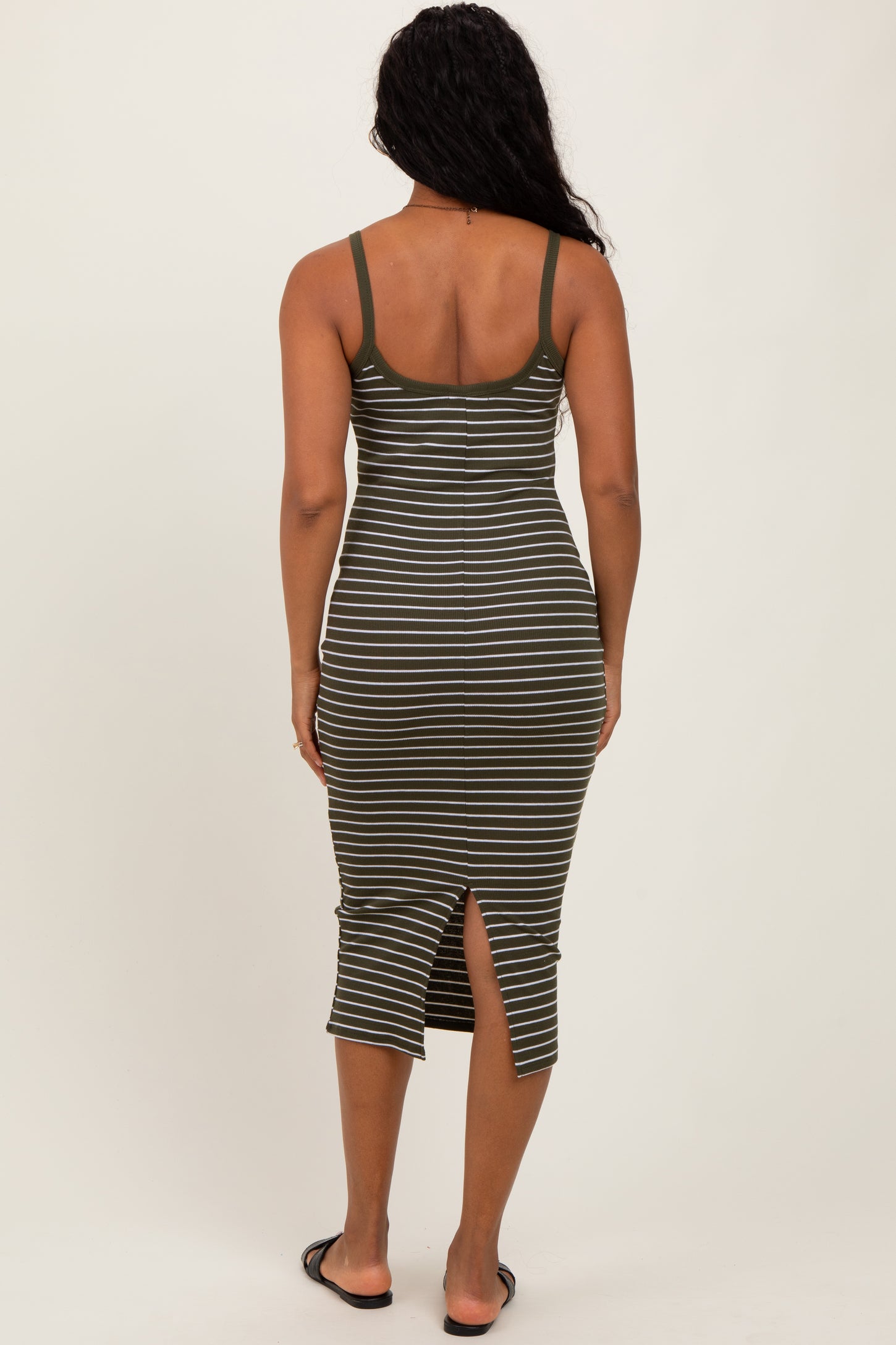 Olive Striped Thin Strap Fitted Midi Dress