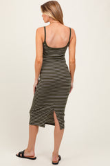 Olive Striped Thin Strap Fitted Maternity Midi Dress