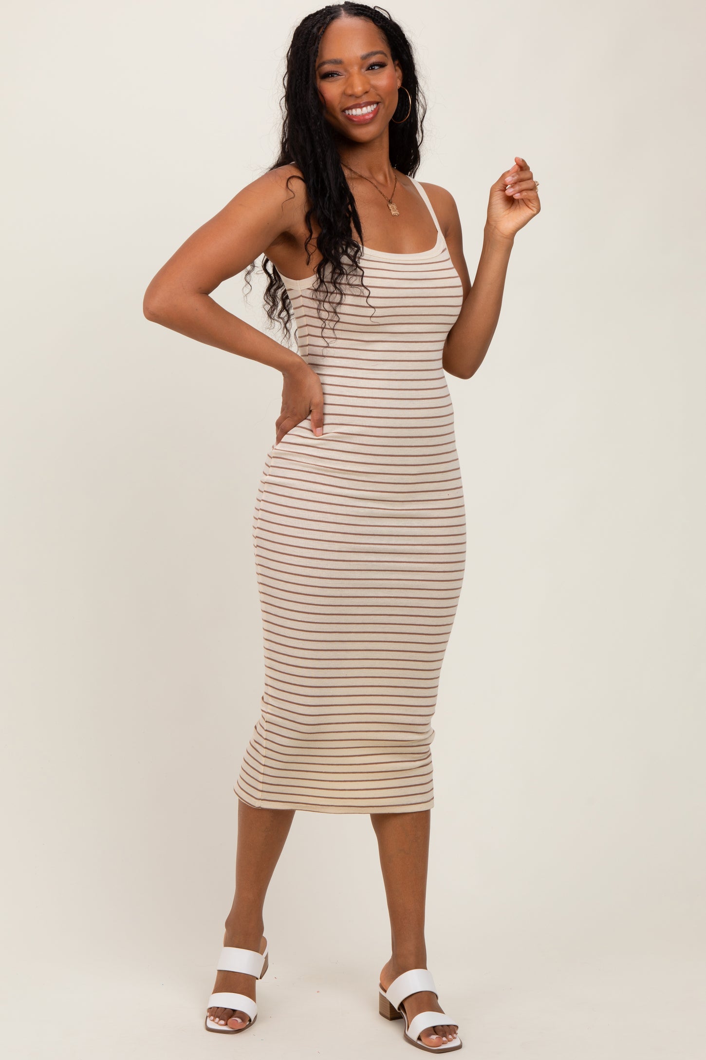 Cream Striped Thin Strap Fitted Midi Dress