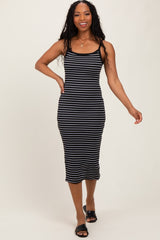 Black Striped Thin Strap Fitted Maternity Midi Dress