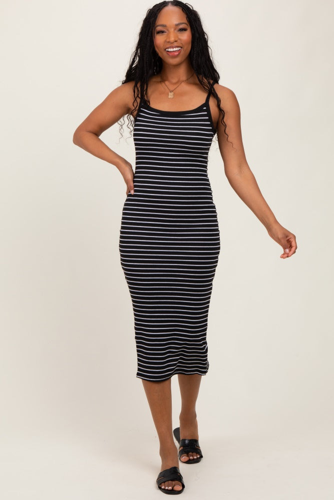 Black Striped Thin Strap Fitted Midi Dress