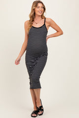 Black Striped Thin Strap Fitted Maternity Midi Dress