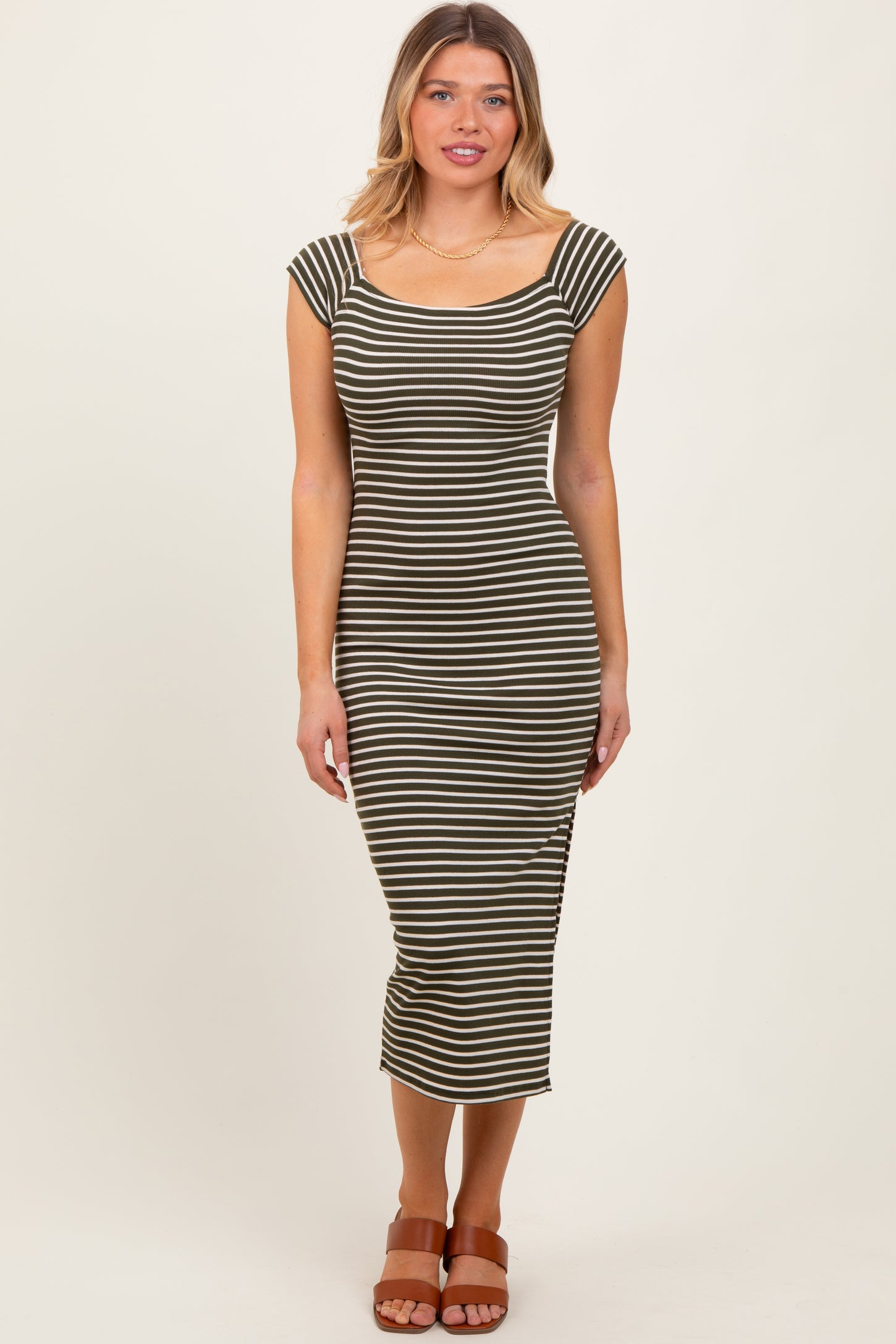 Olive Striped Off Shoulder Side Slit Midi Dress