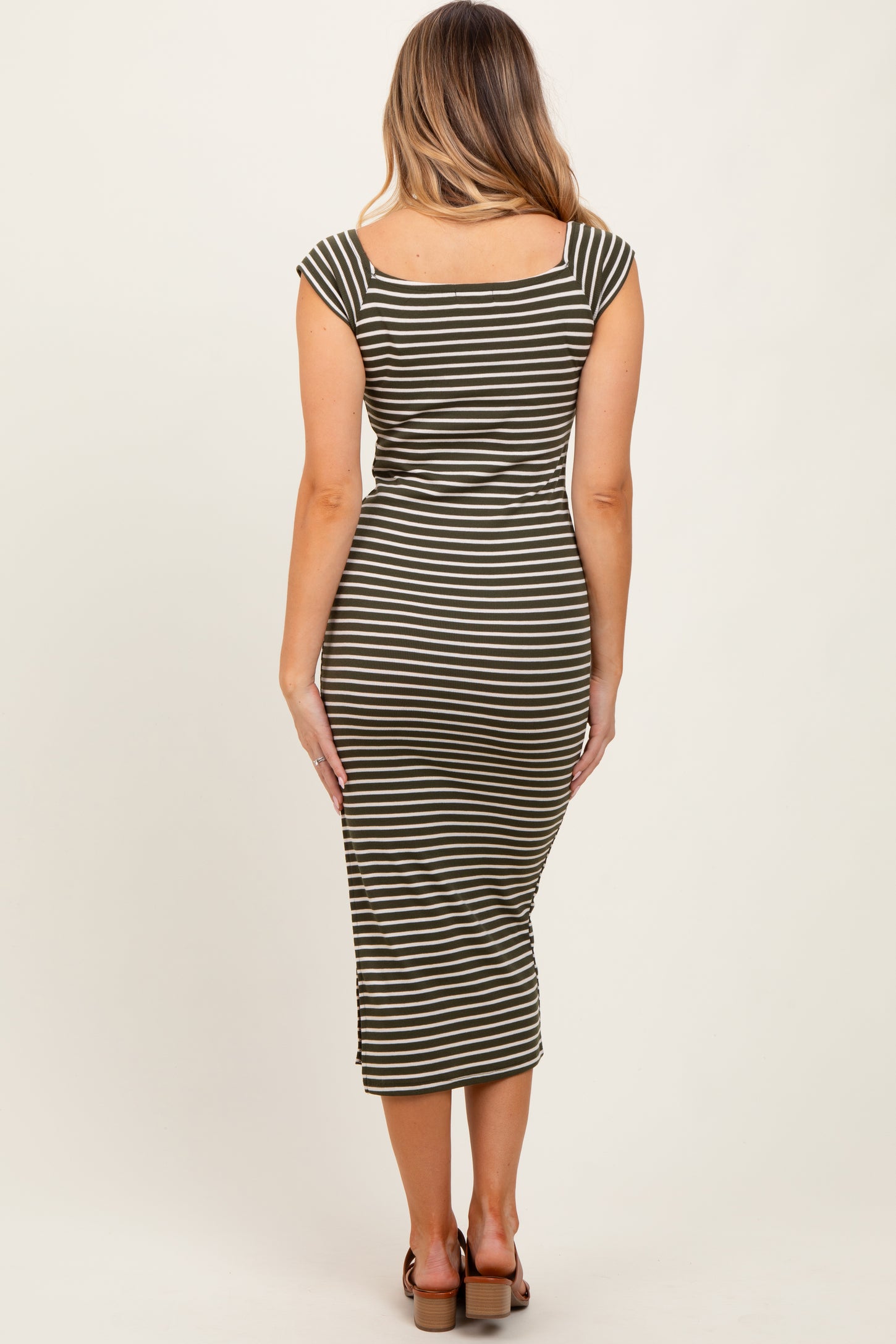 Olive Striped Off Shoulder Side Slit Midi Dress