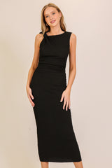 Black Textured Shoulder Detail Midi Dress