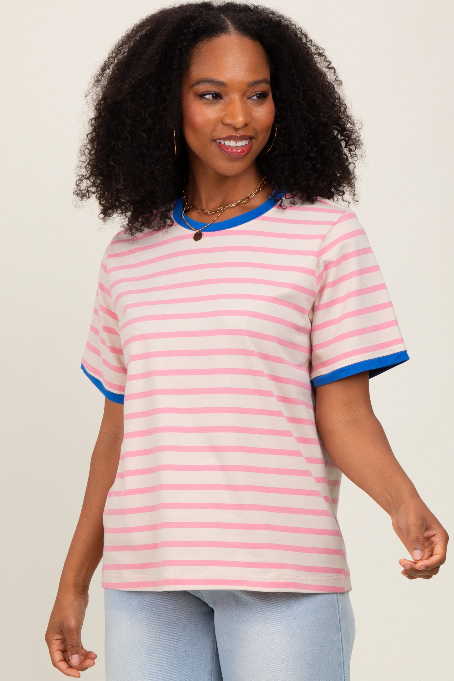 Pink Striped Contrast Trim Short Sleeve Maternity Tee