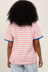 Pink Striped Contrast Trim Short Sleeve Tee