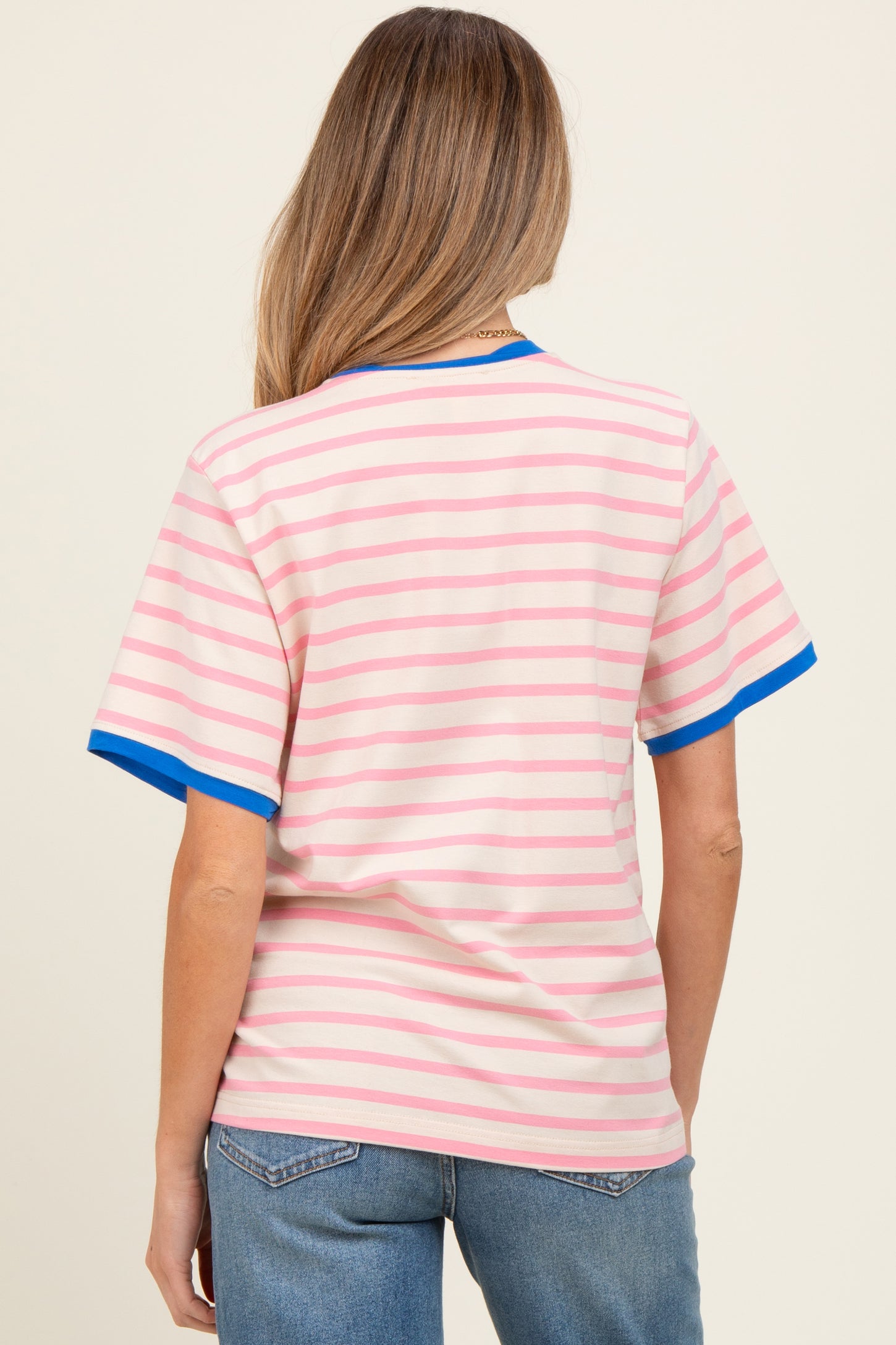 Pink Striped Contrast Trim Short Sleeve Maternity Tee