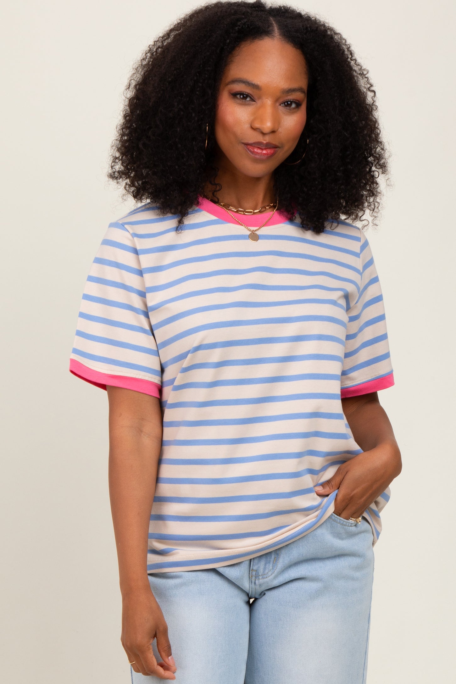 Blue Striped Contrast Trim Short Sleeve Tee