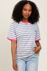 Blue Striped Contrast Trim Short Sleeve Tee