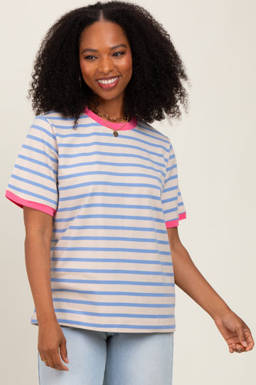 Blue Striped Contrast Trim Short Sleeve Tee