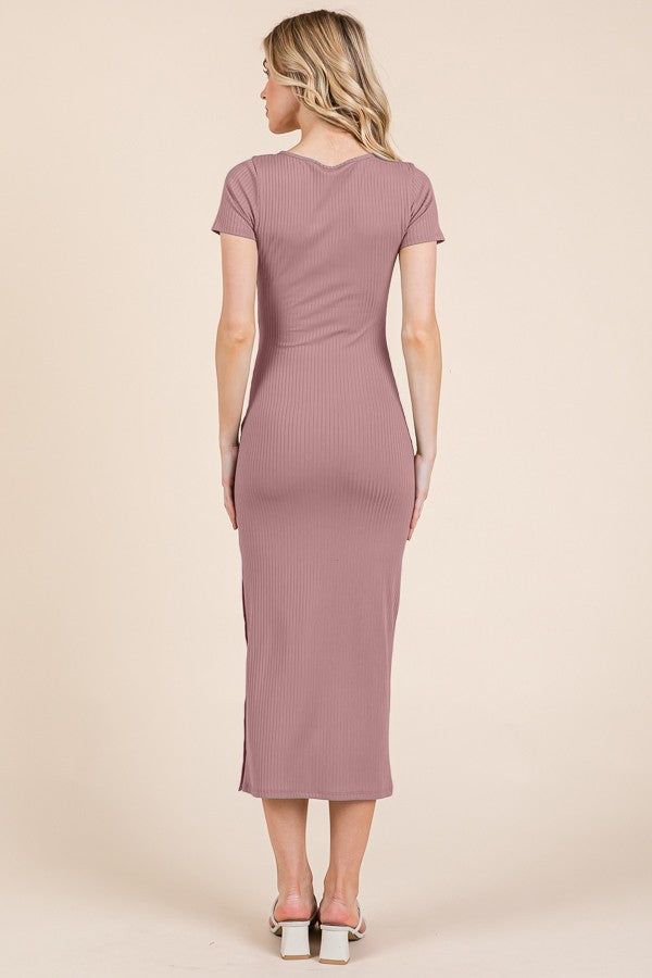 Mauve Short Sleeve Side Button Ribbed Midi Dress PinkBlush Mauve Short Sleeve Side Button Ribbed Midi Dress PinkBlush