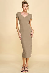 Camel Short Sleeve Side Button Ribbed Midi Dress