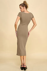 Camel Short Sleeve Side Button Ribbed Midi Dress