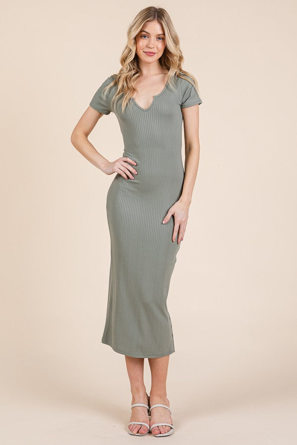 Olive Short Sleeve Side Button Ribbed Midi Dress