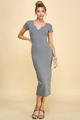 Charcoal Short Sleeve Side Button Ribbed Maternity Midi Dress