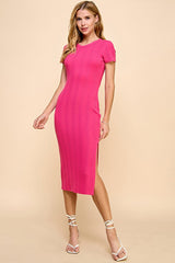 Fuchsia Crew Neck Bubble Knit Ribbed Maternity Midi Dress