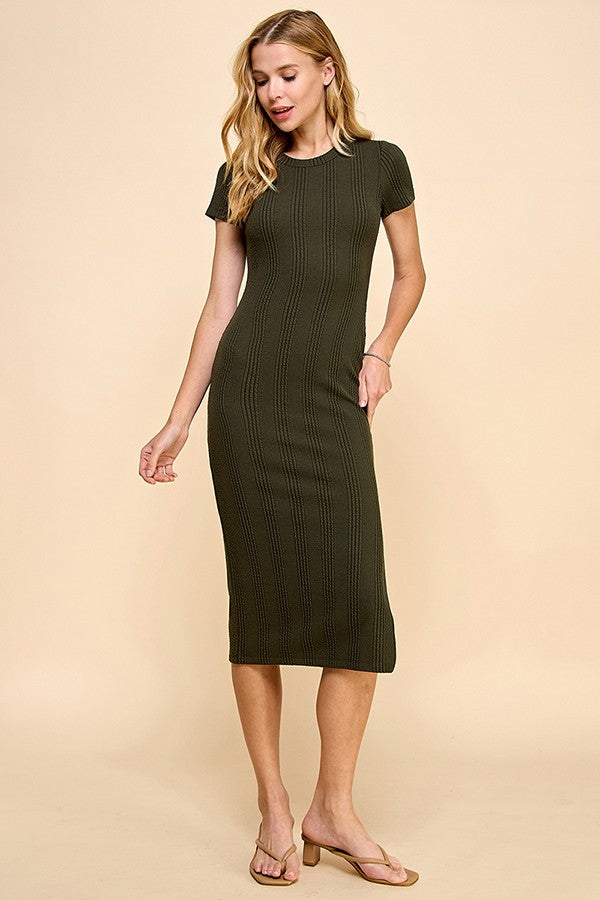 Olive Crew Neck Bubble Knit Ribbed Maternity Midi Dress