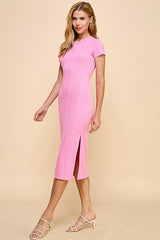 Pink Crew Neck Bubble Knit Ribbed Maternity Midi Dress